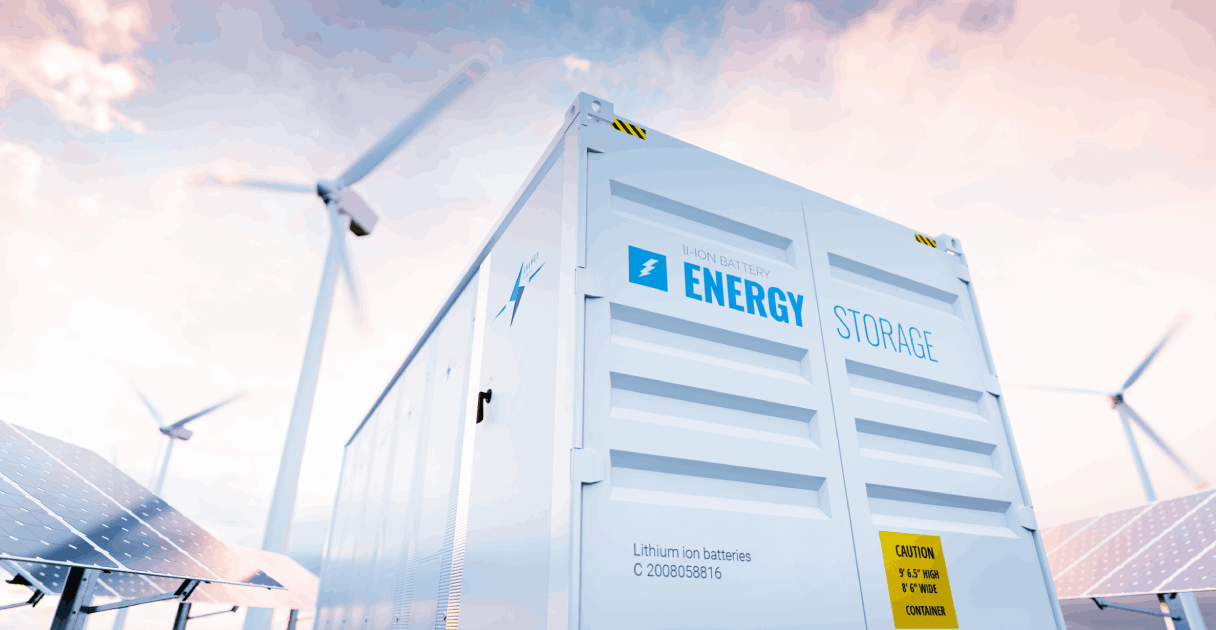 Lithium ion battery in front of wind farm